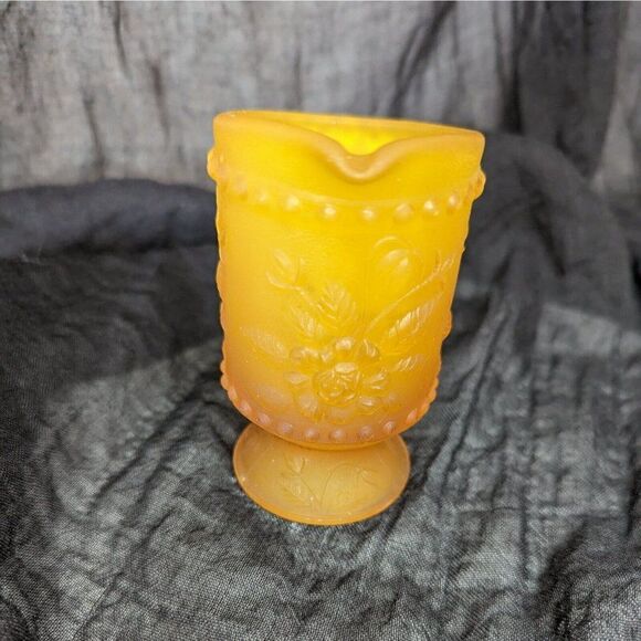 Vintage Mid Century Small Amber Glass Floral Footed Pitcher 3.5" Tall - Picture 3 of 7